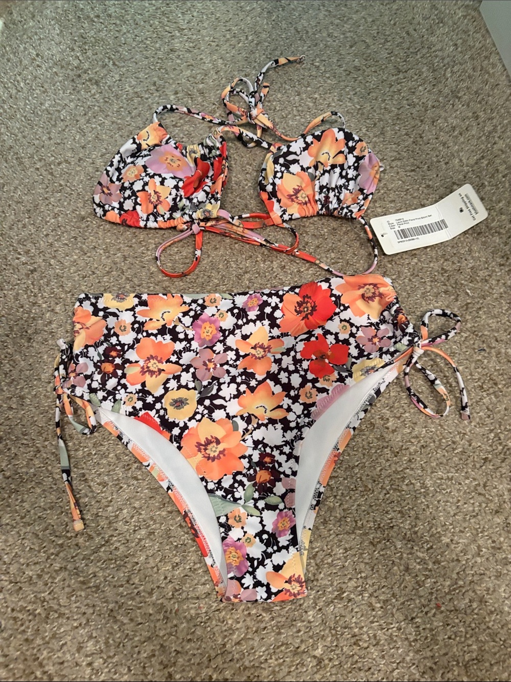 Floral High-Waist Tie-Side Bikini Set - Orange & Black Floral